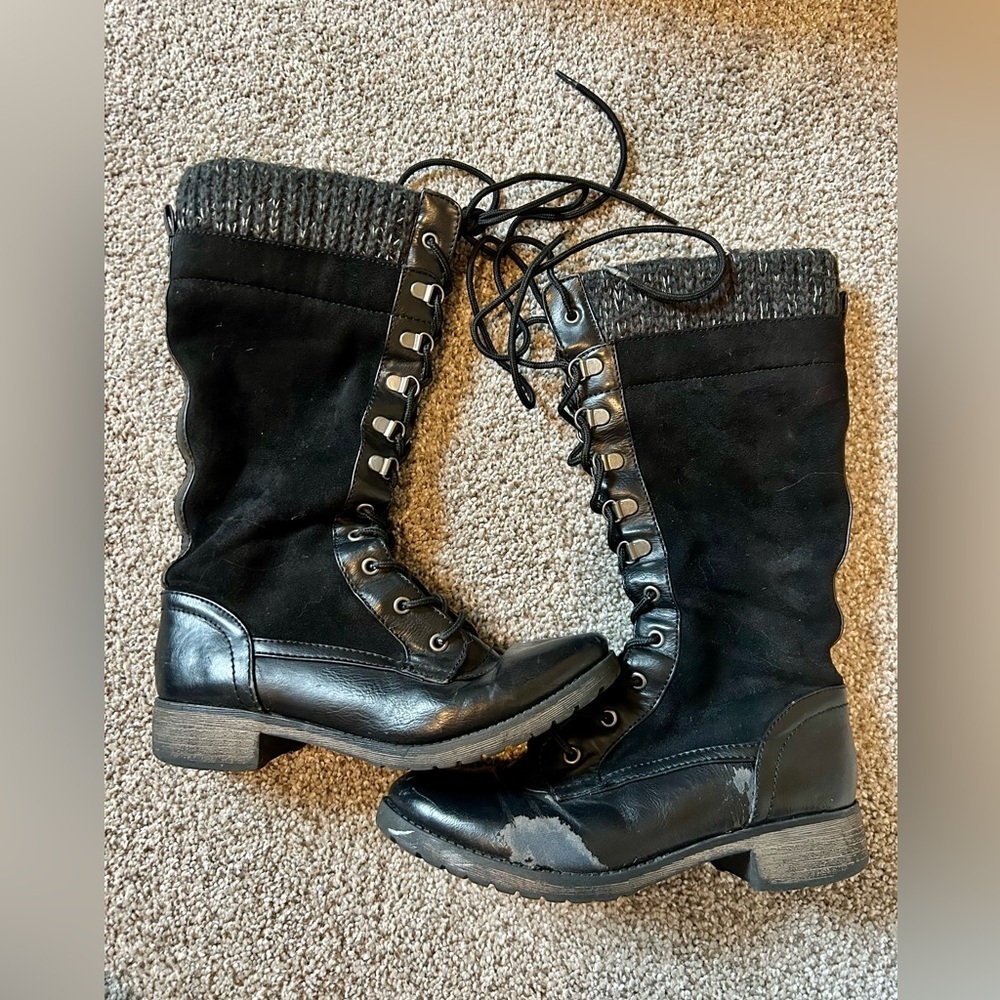 Black Lace-Up Boots with Gray Knit Detail